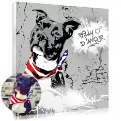 Street art pet portrait created from a photo of a dog