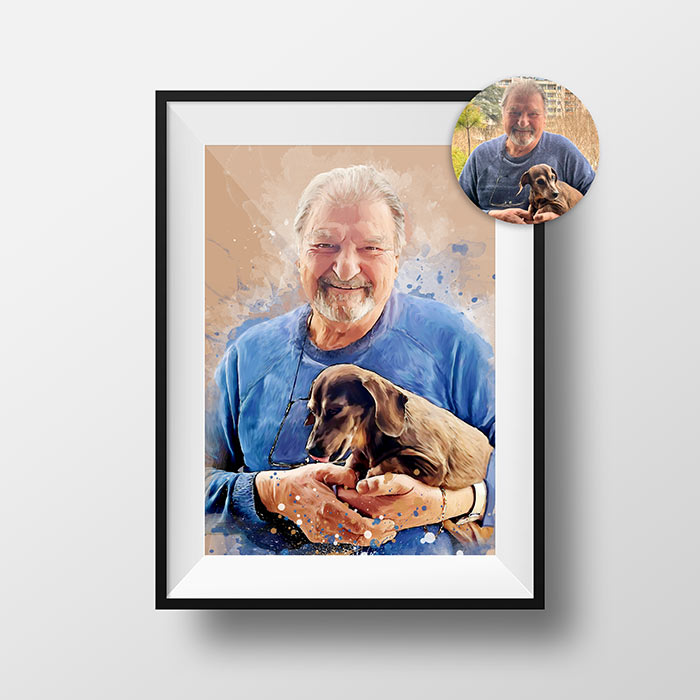 Watercolor portrait of a man and his dog, a unique gift!