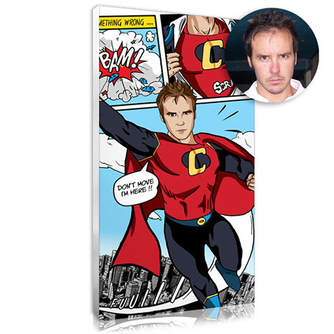 Superhero-style portrait : a humorous gift for men.