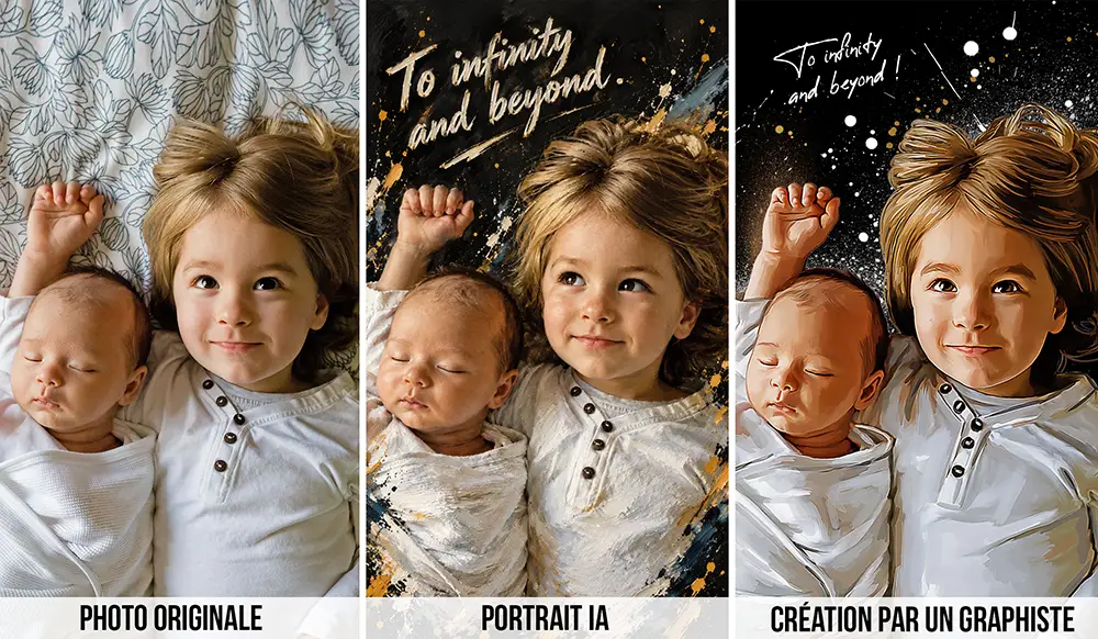AI-transformed photo versus artistic creation by Claire, a professional graphic designer.