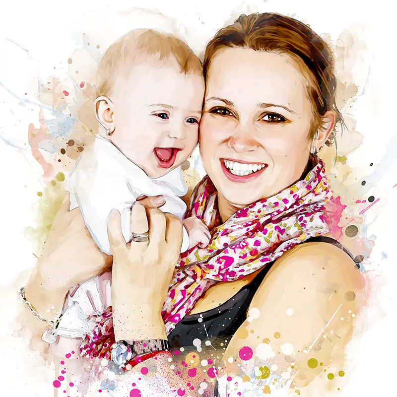 Photo d'un mère et de son bébé créée en style aquarelle par une illustratrice professionnelle